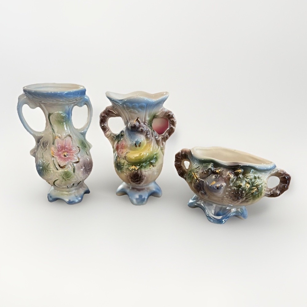 Vintage Lusterware Vases Blue Flower Fruit Accent Iridescent Set Of 3